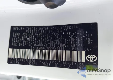 2023 Toyota Corolla Le z USA, uszkodzony, nr VIN 5YFB4MDE3PP051034